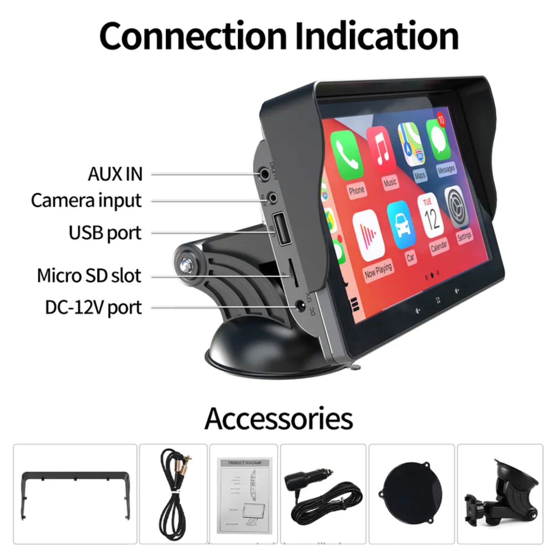 Navegador GPS para coche de 7 pulgadas HD 1024P inalámbrico Carplay Android  Monitor de coche WiFi