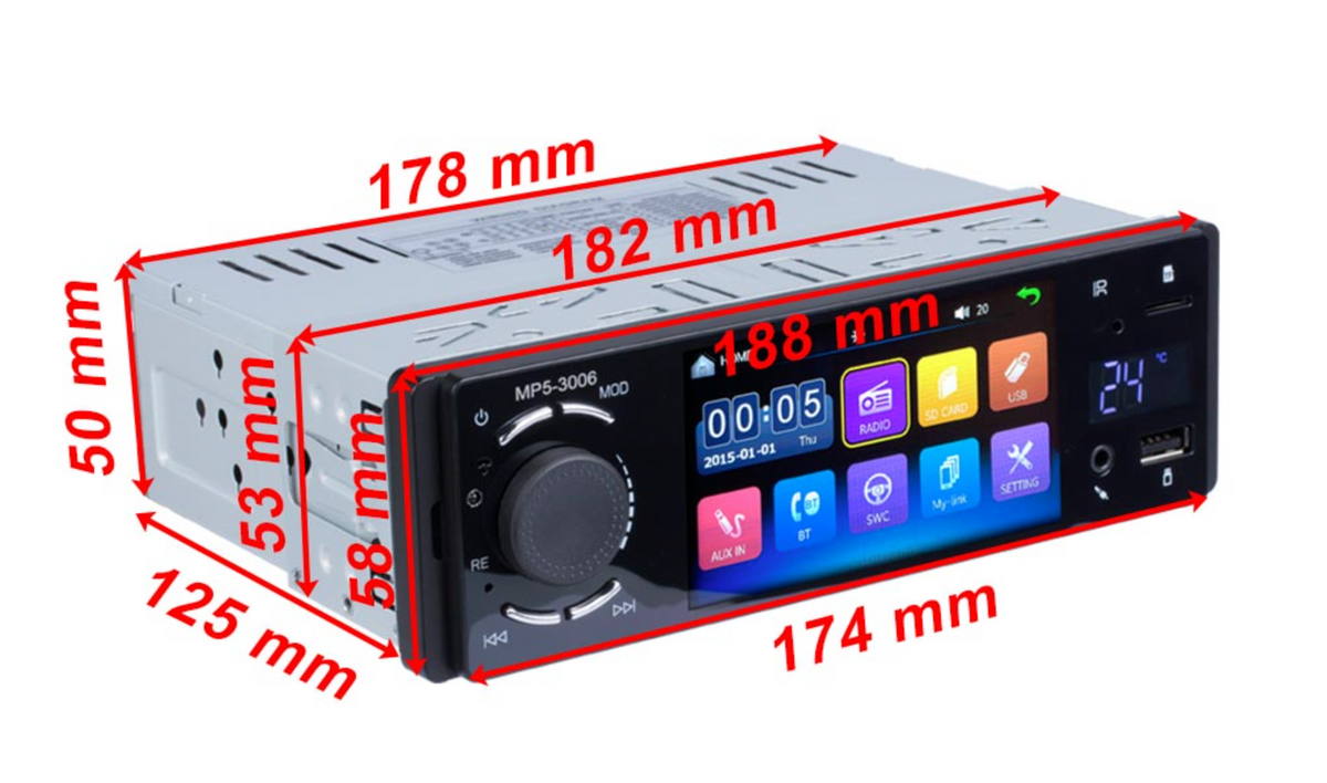 1 DIN Autoradio Met 4" Touchscherm | Bluetooth | FM | AUX | Camera